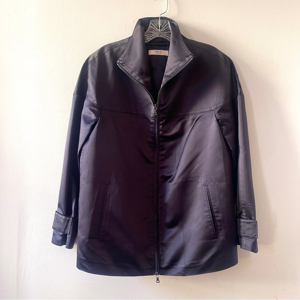 Prada Navy Blue Duchesse Silk Satin Zip Jacket IT 40/US 6